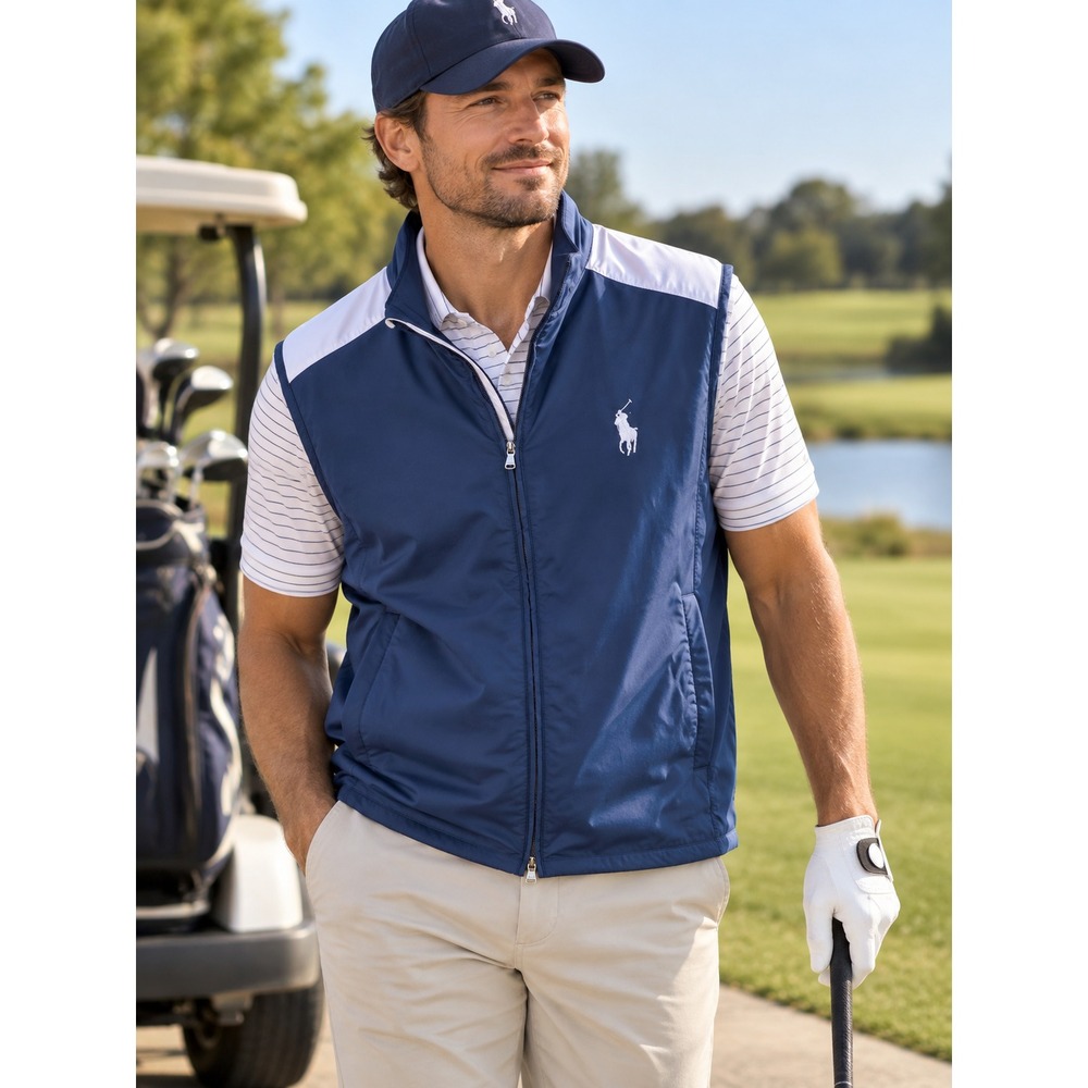 Polo Golf Ralph Lauren Men's Large Vest Blue White Full Zip Y2K Golf Windbreaker - Picture 15 of 16